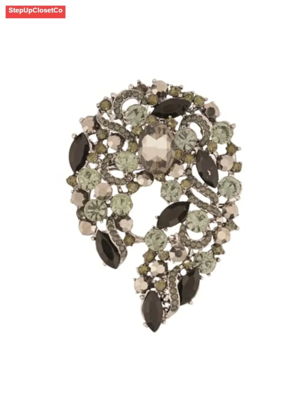Green Rhinestone Leaf Brooch Pin Gold Tone Statement Scarf Dress Accessory